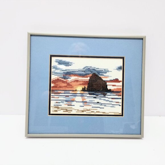 3 Framed Prints Blue Needlepoint Water pictures, Boating Bridge Lighthouse - Picture 3 of 8